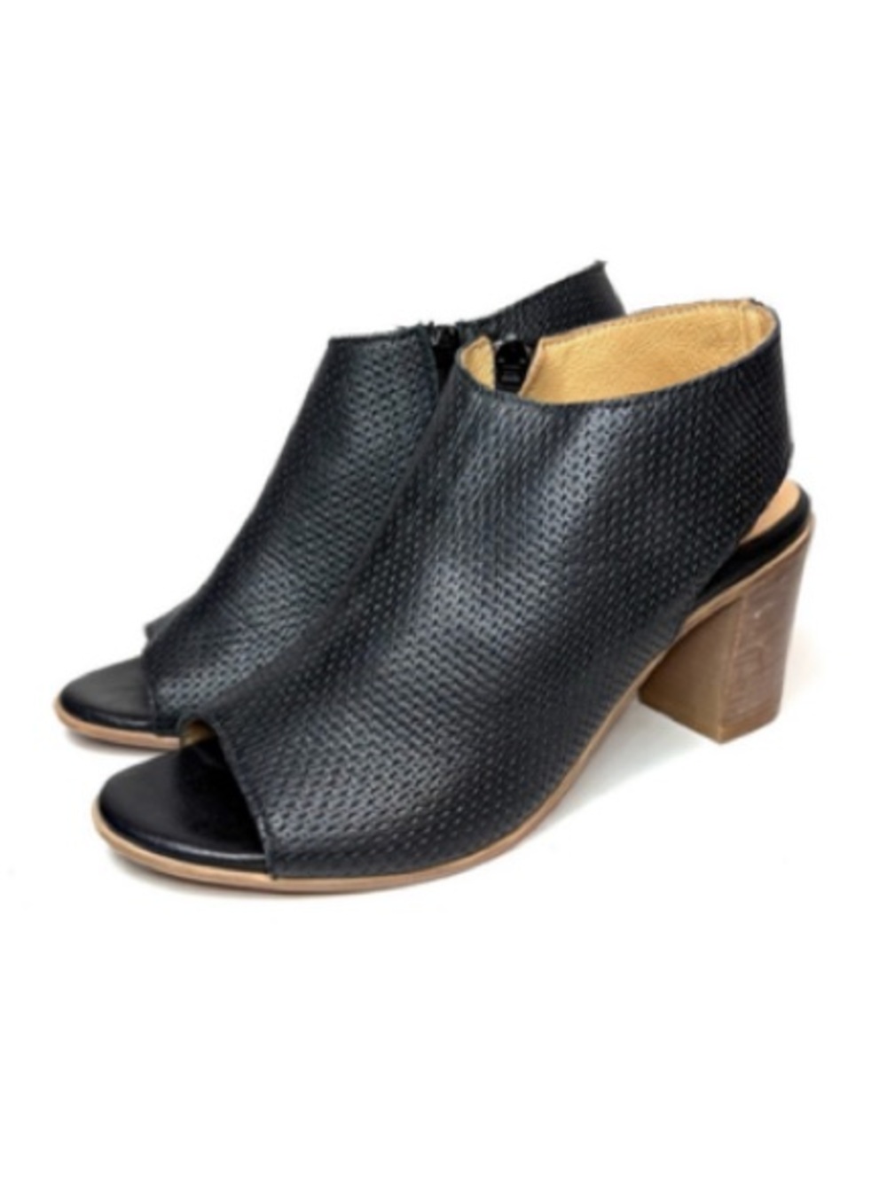 Bueno Black Perforated Open-Toe Block Heel Booties